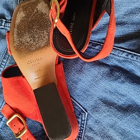 CELINE RED SUEDE BLOCK HEEL STRAPPY SANDALS 37.5 - Picture 7 of 9